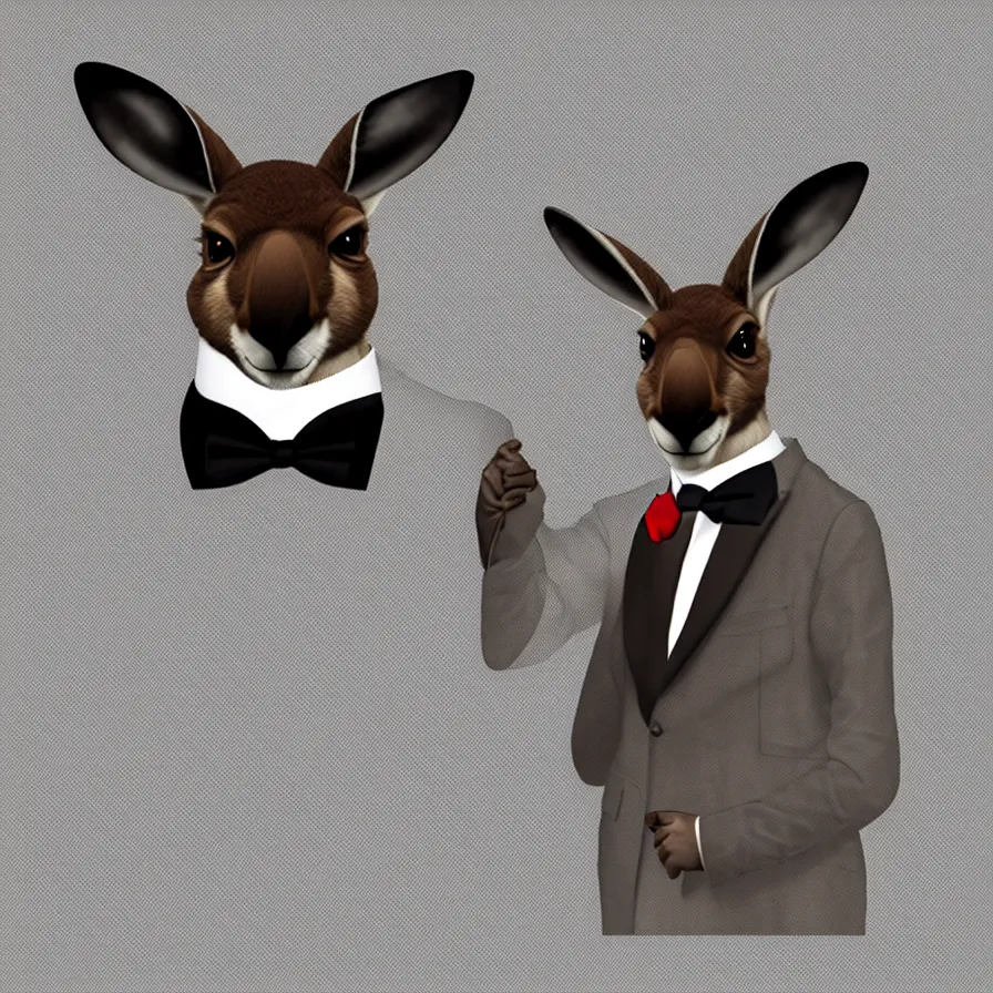 Prompt: spy kangaroo, in a strict suit with bowtie, avatar image, digital art, minimalism