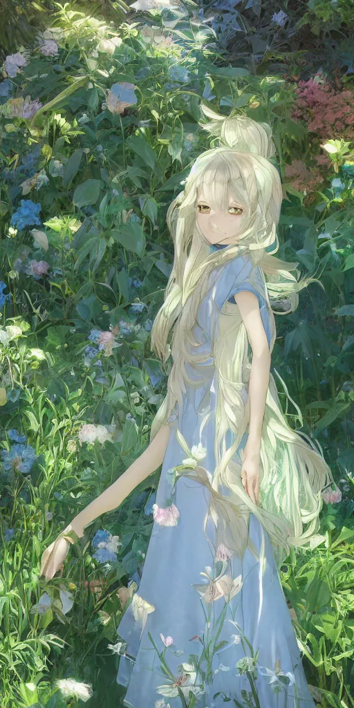 Image similar to a digital art of loli with long hair in a dress in the privet garden at after noon, green and warm theme, blue accents, low angle, back lighting, highly detailed, 4 k resolution, trending on art station, by krenz cushart and mucha and akihito yoshida and greg rutkowski and