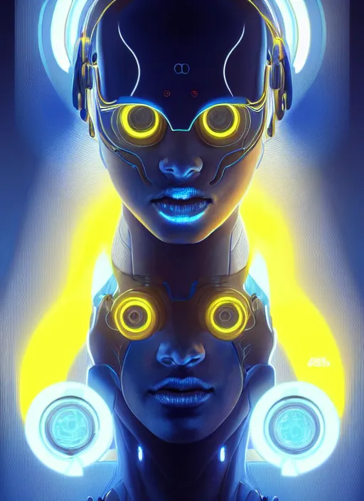 Prompt: symmetry!! portrait of cyborg with big eyes, sci - fi, tech wear, blue and yellow glowing lights!! intricate, elegant, highly detailed, digital painting, artstation, concept art, smooth, sharp focus, illustration, art by artgerm and greg rutkowski and alphonse mucha