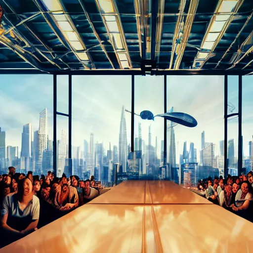 Prompt: large group people in a warehouse, looking at hologram model of futuristic city on a table, cinematic concept art, godrays, golden hour, natural sunlight, 4 k, clear details, tabletop model buildings, tabletop model, hologram center