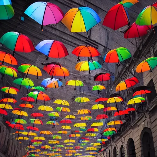 Prompt: a rainbow of umbrellas hovering over an old stone city street, digital art, trending on artstation