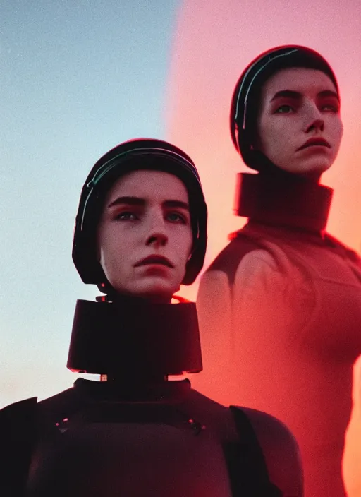 Image similar to cinestill 5 0 d photographic portrait of two loving female androids wearing rugged black techwear on a desolate plain with a red sky, extreme closeup, cyberpunk style, leather garters, dust storm, 8 k, hd, high resolution, 3 5 mm, f / 3 2, ultra realistic faces, ex machina