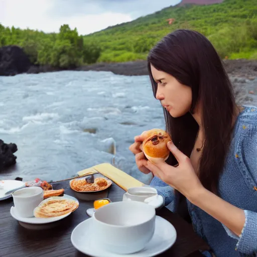 Prompt: a DSLR of a woman having breakfast next to a river of Lava, 4K