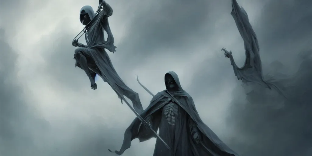 Prompt: the grim reaper, pain, in the sky, soft grey and blue natural light, intricate, digital painting, artstation, concept art, smooth, sharp focus, illustration, art by greg rutkowski and luis rollo and uang guangjian and gil elvgren, symmetry!