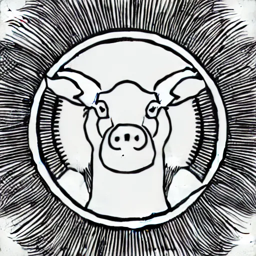 Image similar to the devil, cow, pig, sheep, chicken, summoning circle, white on black vector ink drawing, demonic, diabolic, hostile