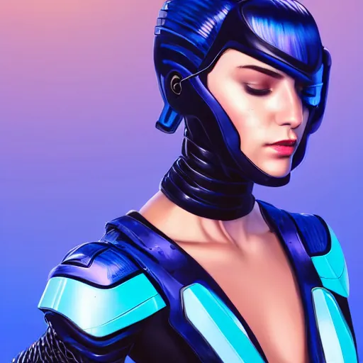 Prompt: a stunning upper body portrait of a beautiful young woman wearing futuristic navy blue and teal battle bodyarmor with ombre bleach blonde hairstyle blowing in the wind by marvel comics, digital art, trending on artstation