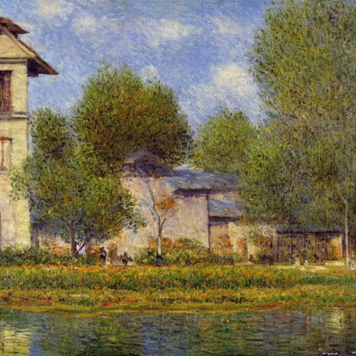 Image similar to a building in a serene landscape, impressionism