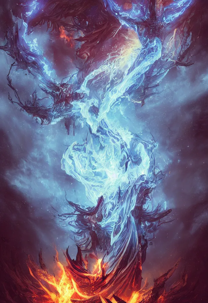 Image similar to a fancy portrait of a celestial engulfed in blue flames standing in a large forest by greg rutkowski, sung choi, mitchell mohrhauser, maciej kuciara, johnson ting, maxim verehin, peter konig, bloodborne, 8 k photorealistic, cinematic lighting, hd, high details, dramatic, dark atmosphere, trending on artstation