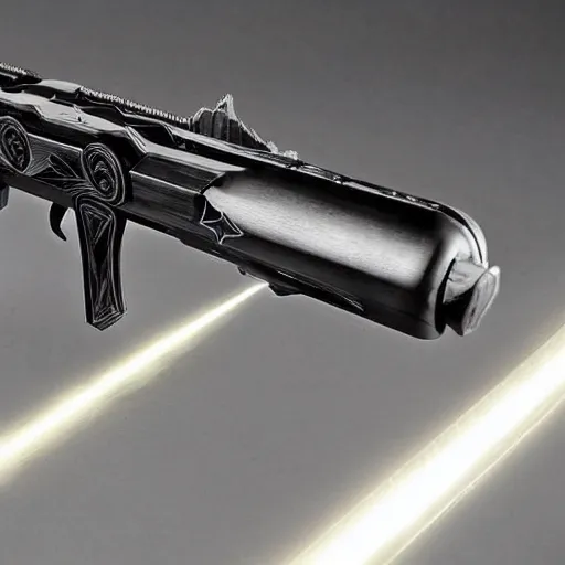 Image similar to plasma rifle with detailed engraving of an alien on the side, photograph