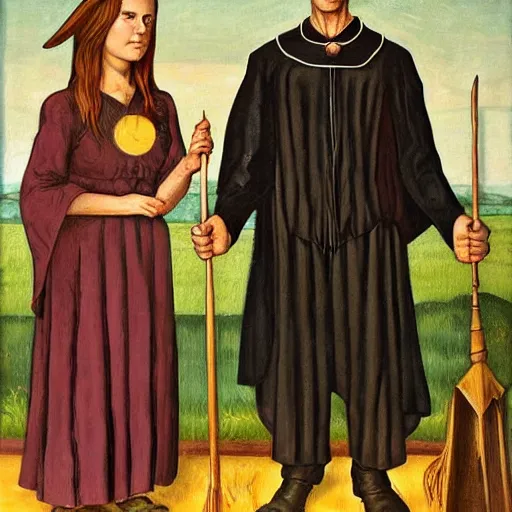 Prompt: a witch and a wizard in the style of american gothic