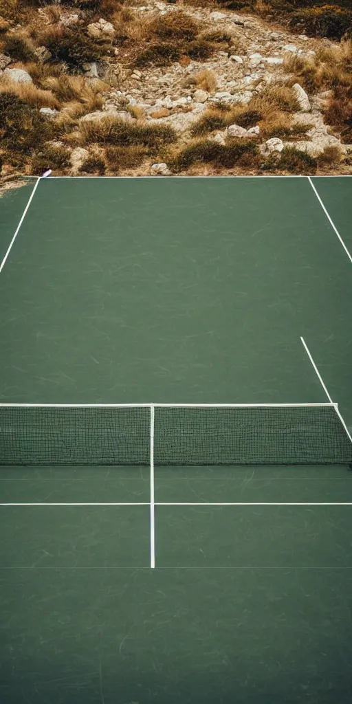 Image similar to Tennis court between mountains and sea. the style of National Geographic magazine