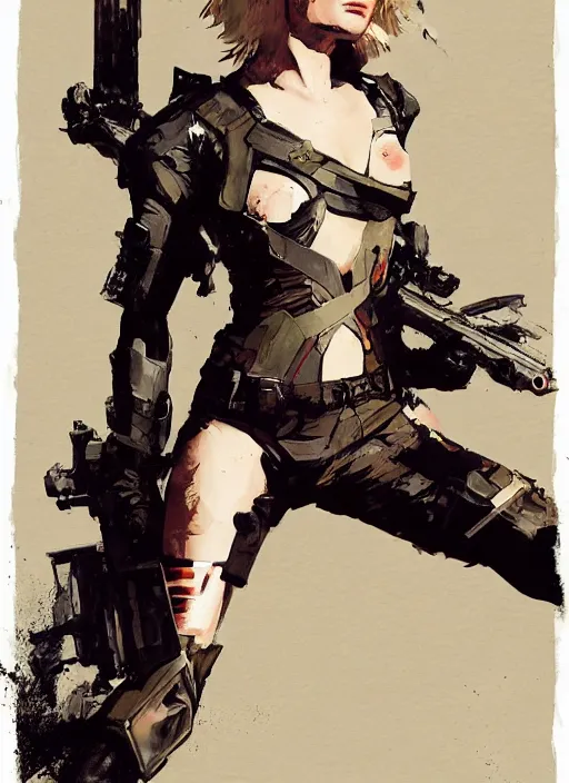 Image similar to Margot Robbie wearing metal gear armor holding gun dramatic lighting art by Richard Schmid by Hokusai by Yoji Shinkawa by greg rutkowski by Sandra Chevrier cinematic dramatic