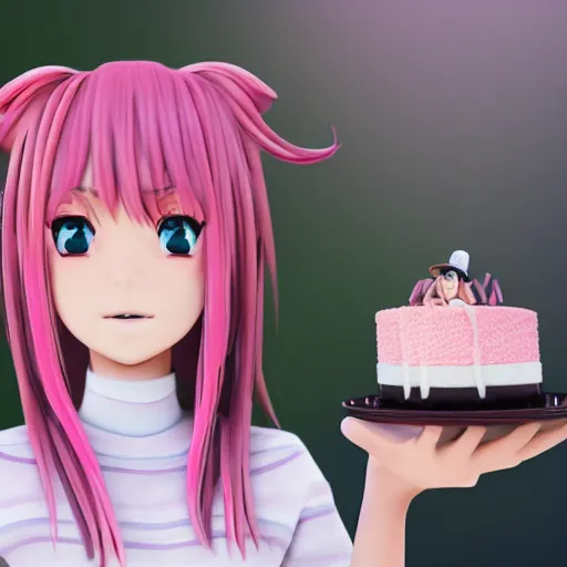 Image similar to Render of a beautiful 3d anime woman holding a birthday cake to show the camera, long light pink hair, full bangs, hazel eyes, cute freckles, full round face, proud smile, Chinese heritage, cute checkerboard sundress, golden hour, serene beach setting, medium shot, mid-shot, hyperdetailed, trending on Artstation, Unreal Engine 4k