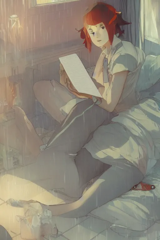 Image similar to a teenage girl with white short hair in a jk uniform outfit in the bedroom reading a book in a night, raining outside the window, grey and orange theme, by krenz cushart and mucha and greg rutkowski and makoto shinkai, detailed eyes, 4 k resolution