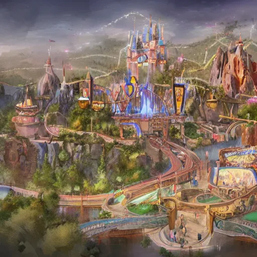 Image similar to concept art of new disney theme park, highly detailed, artstation