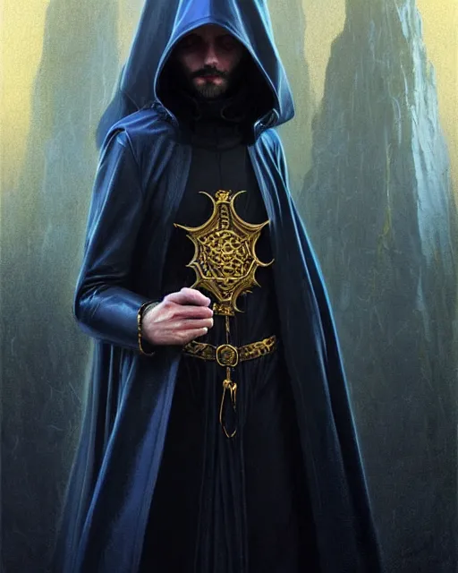 Image similar to handsome mage meditating holding a tellurion!, long black hair blue eyes wearing leather mantle gothic navy cloak with gold details, cliffside town, fantasy character portrait, hyperrealism, concept art, intricate details, highly detailed by greg rutkowski, ilya kuvshinov, gaston bussiere, craig mullins, simon bisley