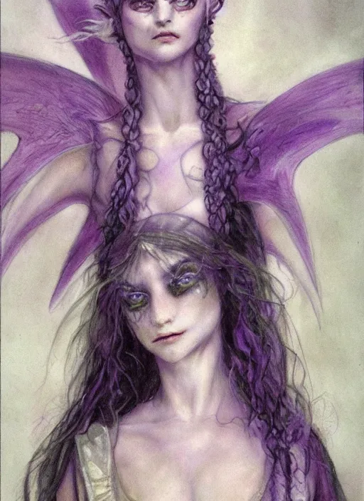 Image similar to portrait of young female sorceress of the endtimes, transluscent skin, lavender hair, beautiful! coherent! dungeons and dragons character, by brian froud, strong line, cool night color, high contrast