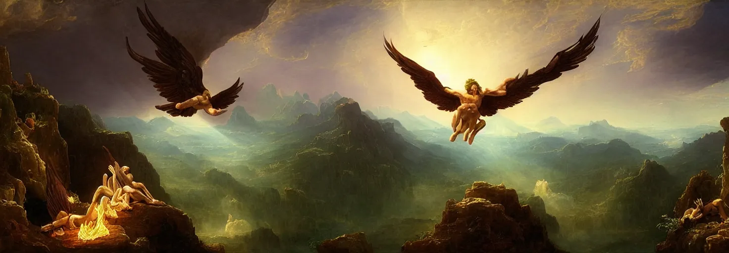 Image similar to Icarus with his wings on fire in a downward tailspin while Daedalus bows his head in disbelief from his workshop in the mountains below. in the style of a surreal and awe-inspiring thomas cole and albert Bierstadt digital art panoramic landscape painting at sunset. unreal engine, 4k, matte, exquisite detail, lens pop