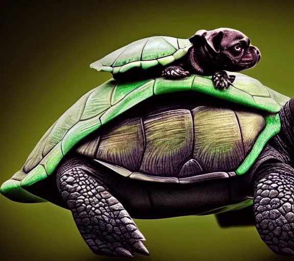 Prompt: a cute little turtle sitting on the back of a black pug, digital art, colourful