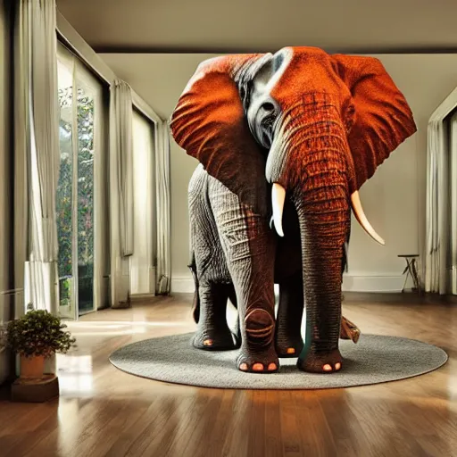 Image similar to a large lamp, shaped as an elephant, placed in a large living room, art designers magazine HD photo superrealism 3d 8k resolution