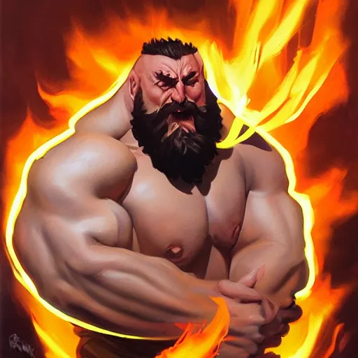 Prompt: greg manchess portrait painting of partially armored zangief from street fighter spitting fire as overwatch character, medium shot, asymmetrical, profile picture, organic painting, sunny day, matte painting, bold shapes, hard edges, street art, trending on artstation, by huang guangjian and gil elvgren and gerald brom