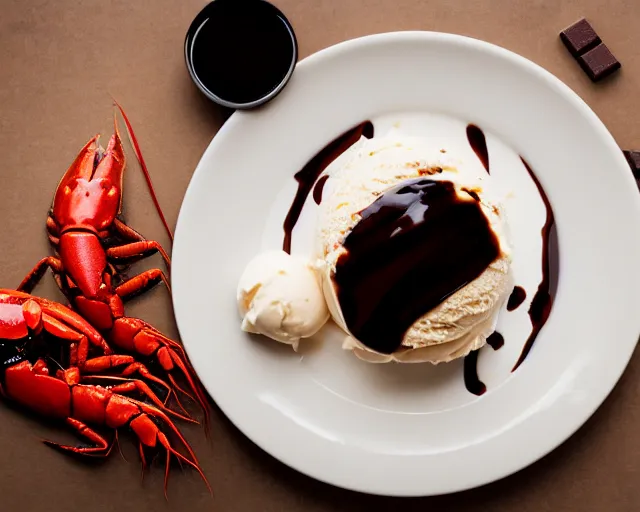 Image similar to dslr food photograph of a plate of vanilla ice cream with a crawfish, some chocolate sauce, 8 5 mm f 1. 4