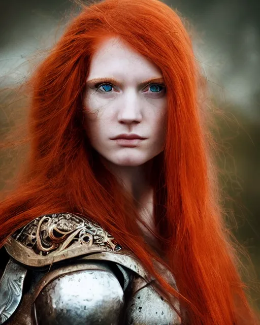 Image similar to north adult female warrior, red hair, ginger hair, long hair, fantasy, female Viking, high detailed, photography, cloudy, lightweight leather armour, Scandinavia, plain, detailed face, beautiful face, beautiful girl, look into the distance, professional model, glowing skin, serious face, full body, professional photographer, masterpiece, 50 mm, 8k, 3D