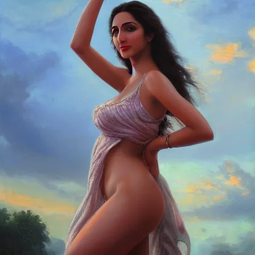 Image similar to Kiara Advani Aphrodite. history painting, dusk, implacable, artstation, oil on canvas, by Albert Aublet, Private Collection