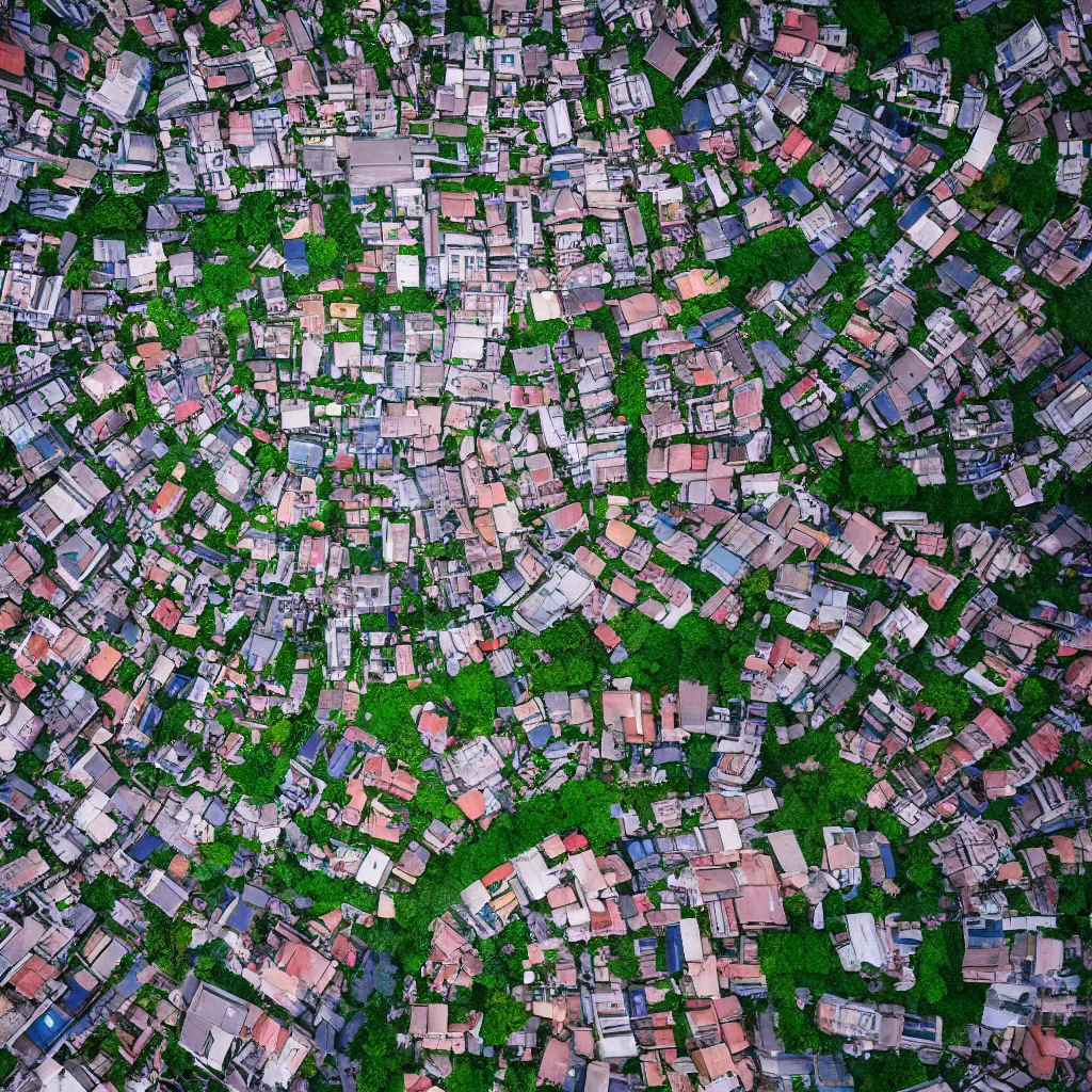 Image similar to pov of a man standing on a flying castle looking down at village in the ground in the style of spirited away