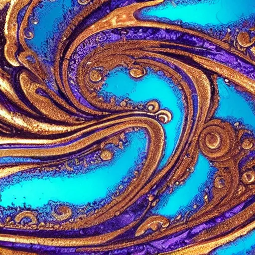 Image similar to Art Nouveau cresting oil slick waves, hyperdetailed bubbles in a shiny iridescent oil slick wave, ornate copper patina medieval ornament, rococo, baroque spirals