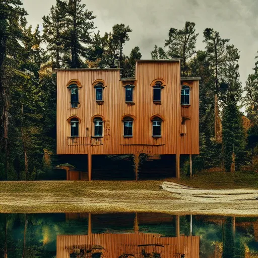 Prompt: wes anderson style future house near the lake and forest, cinematic, realism, photo, detailed