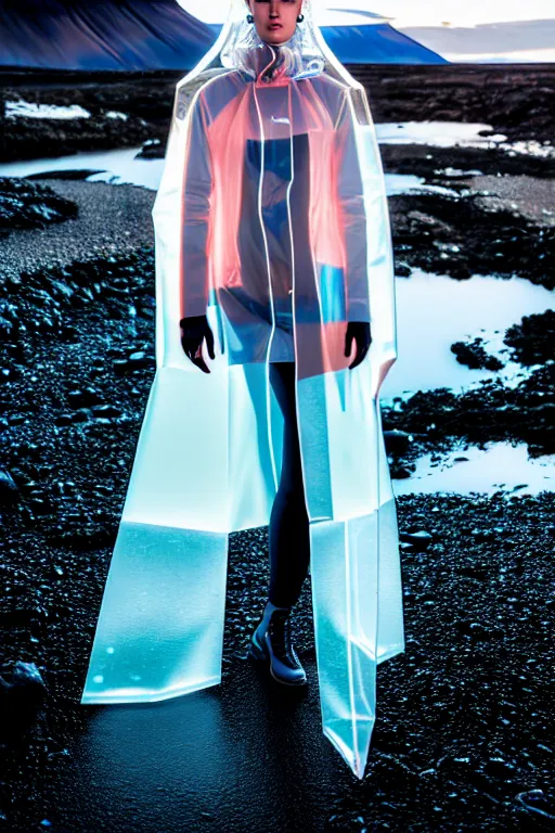 Image similar to an ultra high definition professional high fashion portrait studio full length photograph of a model wearing a transparent pearlescent raincoat and neon visor in an icelandic black rock environment at dawn. no artefacts. extremely detailed. stark. refraction. shallow depth of field. volumetric light and shadow. ray tracing. light rays.