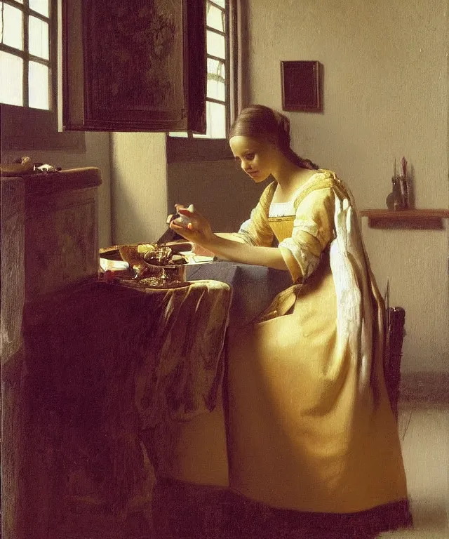 Prompt: a highly detailed, beautifully lit oil painting portrait of a pretty, young alicia jessica vikander alba sitting at a table by an open window, by vermeer