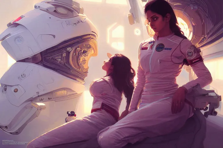 Image similar to Sensual beautiful female pale young Indian doctors wearing Deus Ex Human Revolution clothing in a space station above Earth, portrait, elegant, intricate, digital painting, artstation, concept art, smooth, sharp focus, illustration, art by artgerm and greg rutkowski and alphonse mucha