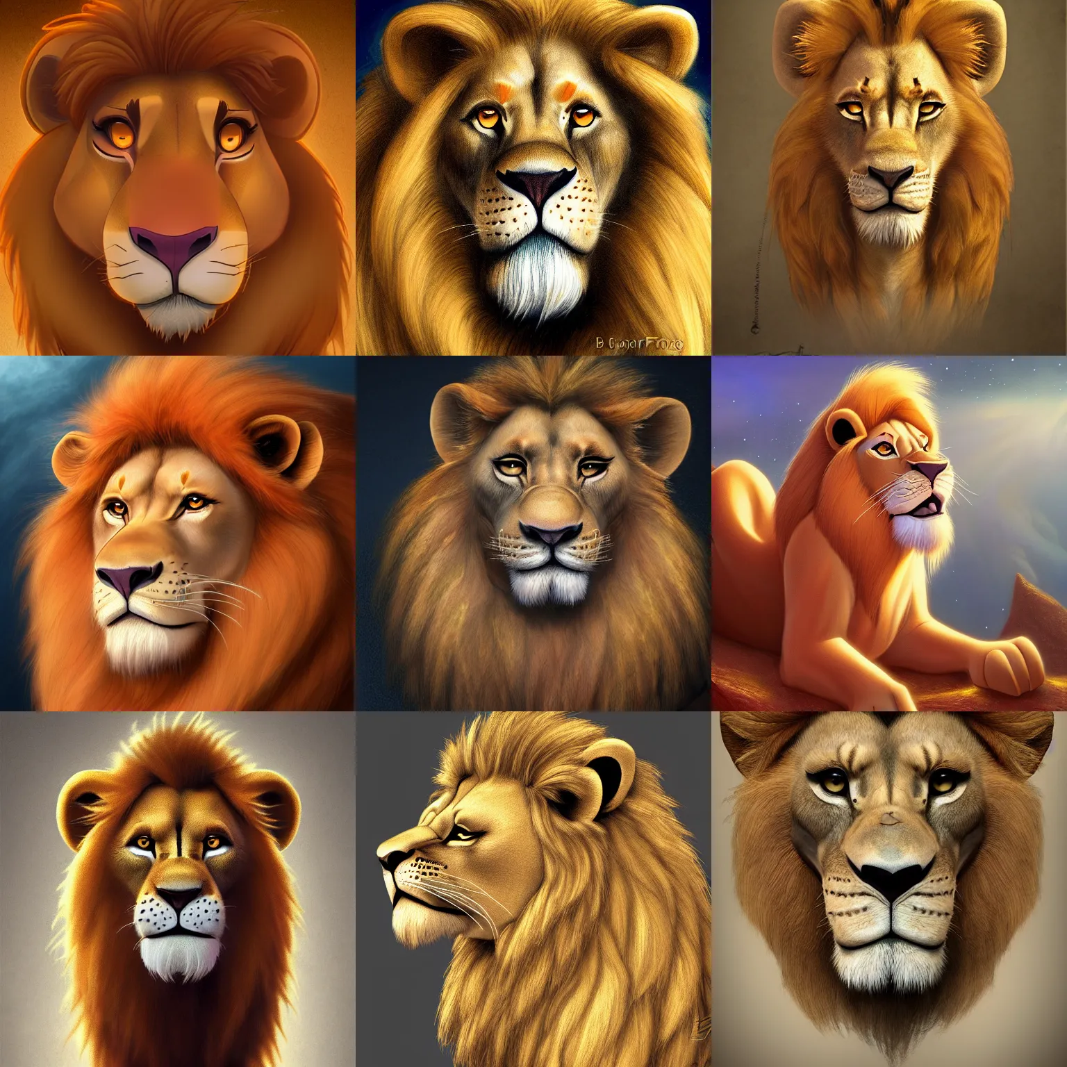 Prompt: lion king portrait character design of an egyptian lion. deviantart adoptable, style of maple story and zootopia, portrait studio lighting by jessica rossier and brian froud in the style of disney, traditional