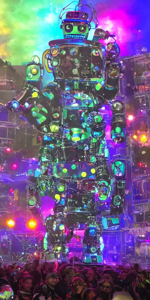 Image similar to a selfie of a happy robot in frront of an outdoor festival stage with audience, on stage is a rockband with 3 steampunk robots with guitars and drums, center of the stage is a big steampunk generator, laser show, 8 k, fluorescent colors, halluzinogenic, multicolored, exaggerated detailed, unreal engine
