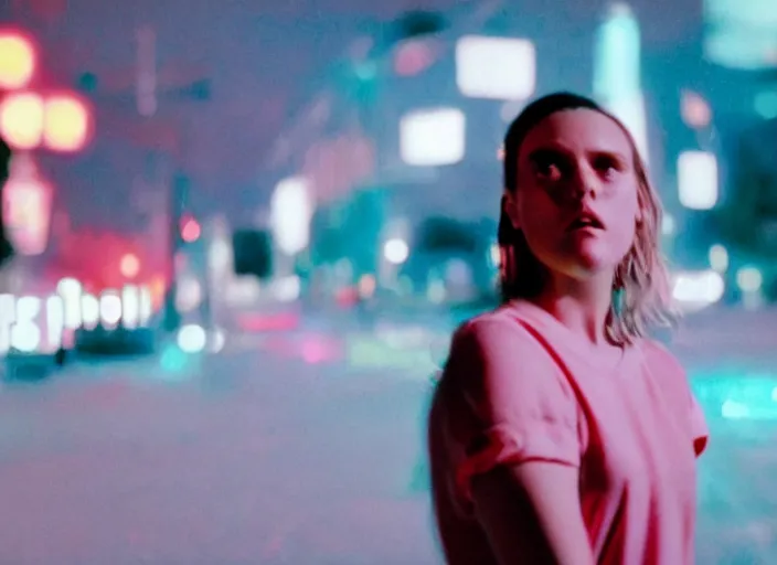 Prompt: Still image from the music video of Suburbia by Tove Lo, directed by Grant Spanier and shot on Kodak Ektachrome filmstock. Bokeh, colored gel lighting, nostalgia