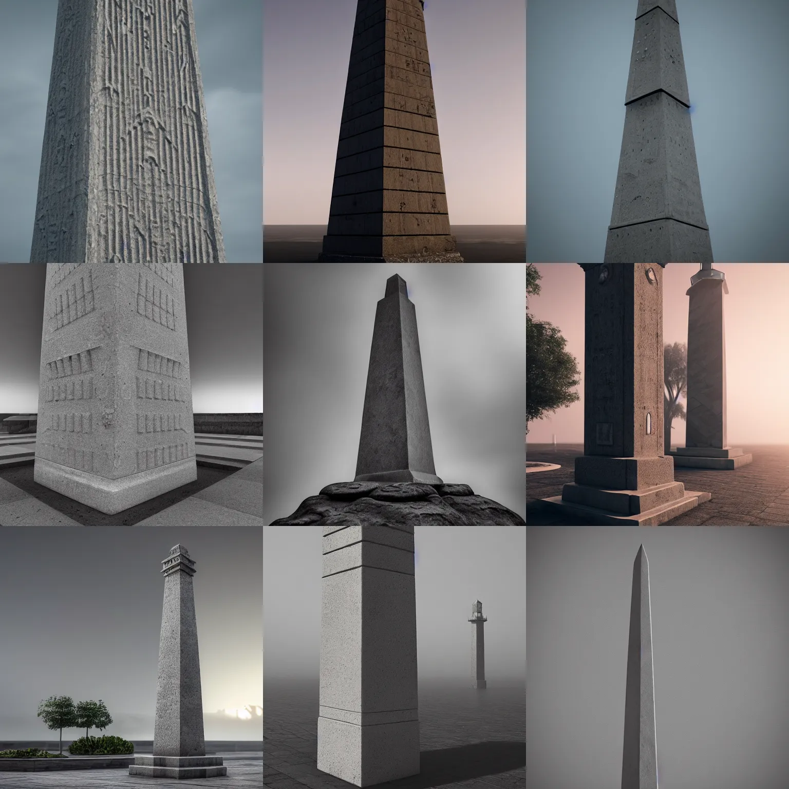 Prompt: detailed intricate carved geometric obelisk lighthouse, made of stone and concrete, brutalism style, dark and misty, full shot, full height, 8K octane render