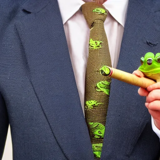 Image similar to a high detail closeup photograph of a 🐸 wearing a suit 👔,and smoking a cigarrette🚬, award wining photograph