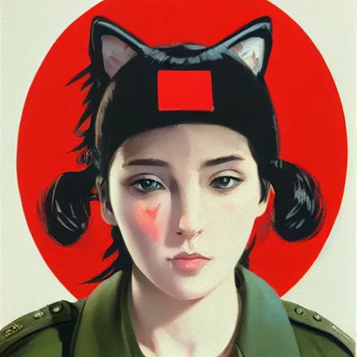 Image similar to oil paining of twentytwo year old female character with ( ( ( cat ears ) ) ) wearing soviet era uniform, wearing a tshirt with a face of karl marx on it, in the style of krenz cushart