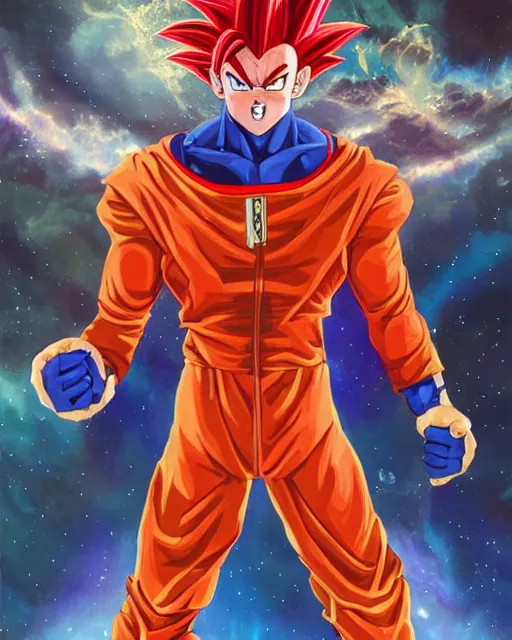 Image similar to gigachad goku in space wearing a red suit by ilya, ernest khalimov body by krista, super mario bros symmetrical face concept art, hyper realistic, intricate, elegent, highly detailed, digital painting, concept art, smooth, sharp, focus, illustration, art by artgerm and greg rutkowski and alphonse mucha, artstation