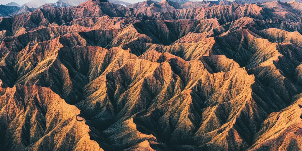 Image similar to drone shot photo of a landscape with mountains an canyons, wallpaper, very very wide shot, warm, national geographic, award landscape photography, professional landscape photography, sunny, day time, beautiful