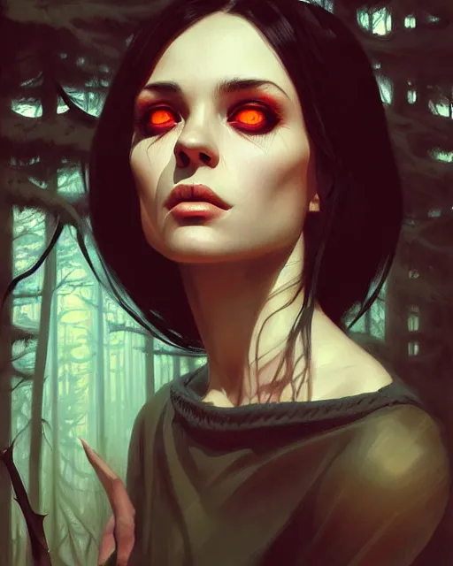 Image similar to stylized portrait of an artistic pose, composition, old ugly horror witch forest dark surrounded by nature, realistic shaded, fine details, realistic shaded lighting poster by ilya kuvshinov, magali villeneuve, artgerm, jeremy lipkin and michael garmash and rob rey