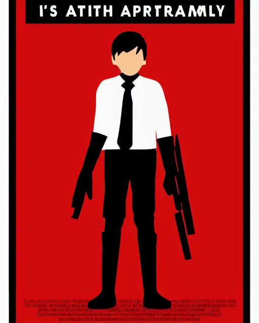 Image similar to minimalist movie poster, barron trump is an antifa supersoldier, barron trump, exoskeleton, fan art, dramatic