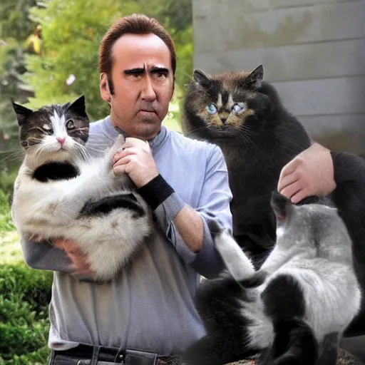 Image similar to nicolas cage is a huge cat with huge nicolas cage kittens