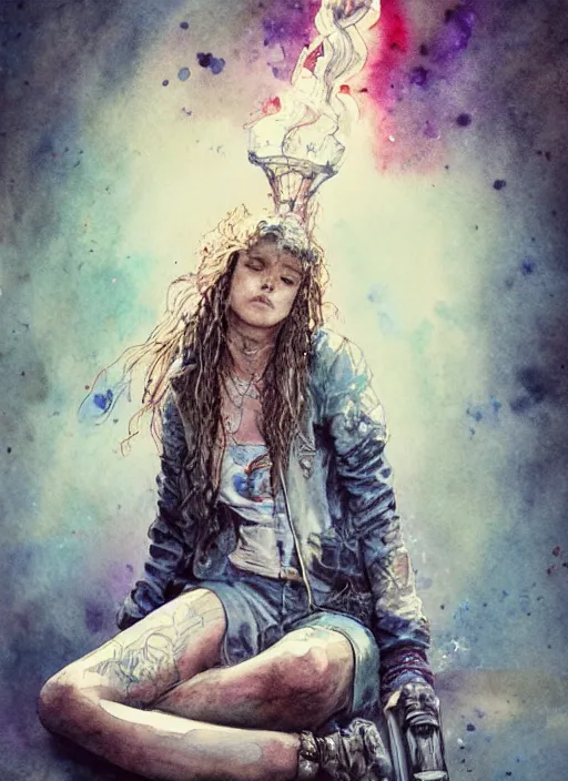 Image similar to portrait, beautiful Stoner hippy girl, sitting down, smoking a magical bong, watercolor, dramatic lighting, cinematic, establishing shot, extremely high detail, foto realistic, cinematic lighting, pen and ink, intricate line drawings, by Yoshitaka Amano, Ruan Jia, Kentaro Miura, Artgerm, post processed, concept art, artstation, matte painting, style by eddie mendoza, raphael lacoste, alex ross