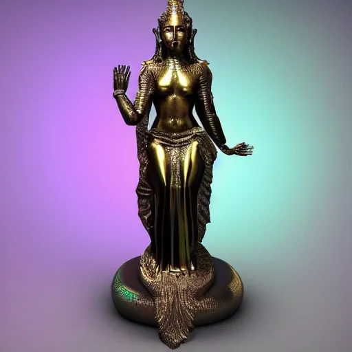 Image similar to a full body madonna virgin statue made of iridiscent metal inspired by the looks of vishnu, very detailed, unreal engine 5, made for an art gallery