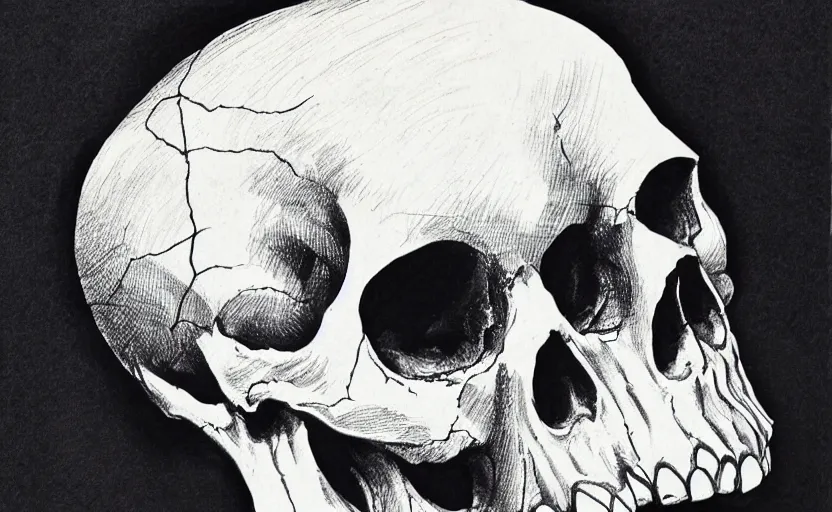 Image similar to a Skull surrounder by darkness, ink on paper, crosshatch shading