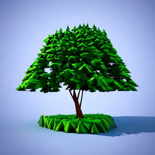 Prompt: a 3d low poly object of a green tree on the blue background