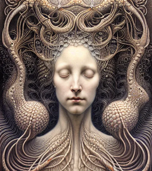 Image similar to detailed realistic beautiful radiant goddess face portrait by jean delville, gustave dore, iris van herpen and marco mazzoni, art forms of nature by ernst haeckel, art nouveau, symbolist, visionary, gothic, neo - gothic, pre - raphaelite, fractal lace, intricate alien botanicals, biodiversity, surreality, hyperdetailed ultrasharp octane render